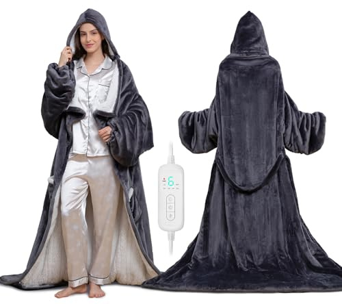 Wearable Heated Blanket with Heated Foot Pocket, Electric Wearable Throw Blanket with Sleeves, Hood, Foldable Foot Pocket, Heated Blanket Throw with 8 Heat Levels, 1-10H Auto Off Settings, 50*70