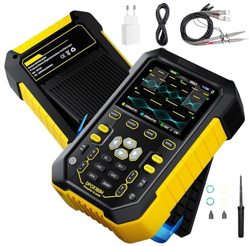 DPOX180H 2-in-1 Oscilloscopio Portatile 2 Canali,500 MSa/s 180 MHz Oscilloscopio Digitale/Generatore di Segnali,50000 WFM/s Waveform Refreshing Rate,3000 mAh,Regolazione AUTO/Normale/Singola (Giallo)