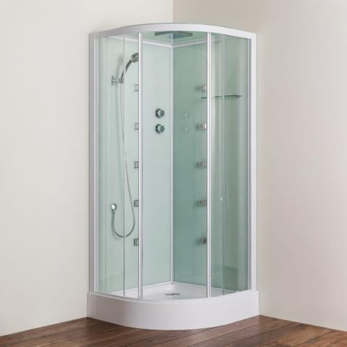 Kiamami Valentina - Cabina doccia multifunzione semicircolare 90cm con ante scorrevoli, soffione, doccino e 10 getti idromassaggio Cosmo