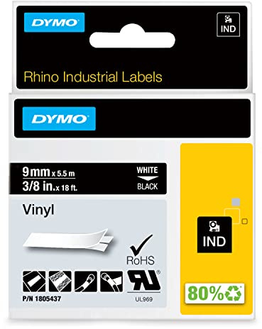 DYMO Rhino-Industrie-Vinyletiketten | 9 mm x 5,5 m | Weiß auf Schwarz | selbstklebendes Schriftband