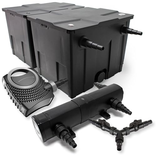 SunSun Komplettset: CBF-350B Teichfilter bis 60000 L Teichfilteranlage als Durchlauffilter, NEO10000 SuperECO Teichpumpe 10000l/h 80W, CUV-218 Teichklärer UVC Klärer mit 18W, Y-Verteiler