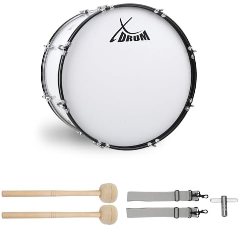 XDrum MBD-220 Marschtrommel 20 x 12, Durchmesser: 20, Tiefe: 12 | Farbe: weiß, Verchromte Hardware, Metall- Spannreifen in schwarz/weiß, Schwarzes XDrum Logo auf den weißen Fellen, Gewicht: 6