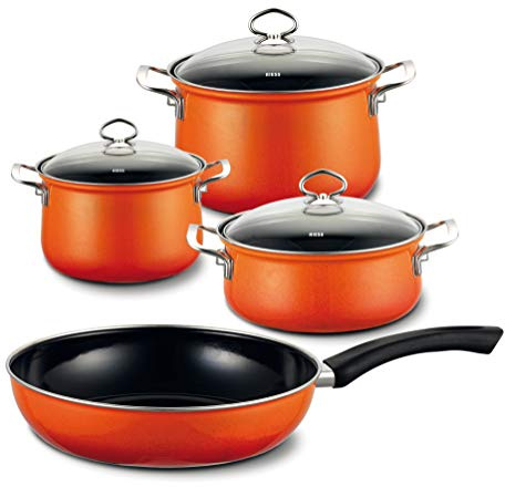 Riess, 0519-034, Starterset 4-teilig, CORALL, Orange, Emaille, Made in Österreich, LBH: 28,5x48,5x24,0cm, 7,570kg, Induktionskocher kompatibel, Gasherd geeignet, Elektroherd geeignet, Ofenfest