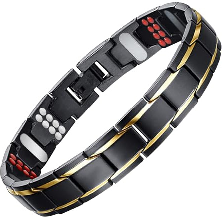JFUME Bracelet Magnétique Homme et Femme Plaqué Or 18K avec Bracelet en Acier Inoxydable Noir PVD avec Outil de Suppression de Lien 21.5cm Réglable