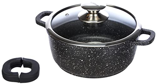 Kamberg – 0008031 – Kochtopf 20 cm – Aluminiumguss – Beschichtung in Steinoptik – Mit Glasdeckel – Für alle Herdarten, auch Induktion – PFOA‑frei, Schwarz