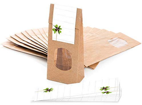 Logbuch-Verlag 25 Geschenktüten Verpackung Lebensmittel Beutel mit Sichtfenster und Kleeblatt Banderole zum Zukleben 10,5 x 6,5 x 29 cm für Geschenke