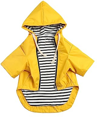 MOREZI Wind&Wasserdicht Hunderegenmantel mit Beinschutz & Fest Kapuze - Leichtes Outdoor - Für kleine/mittlere Hunderassen - Reißverschluss, Verstellbarer Kordelzug, Gelb, S