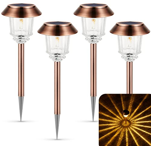 XMCOSY+ Solar Lights Outdoor Waterproof, 4 Pack Solar Lights for Outside, 10-40 LM Dimmable LED Glass Outdoor Solar Lights for Yard Pathway Garden Lawn Driveway Walkway (Warm White)