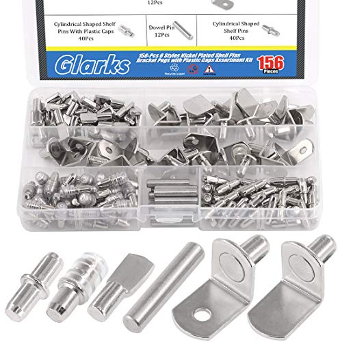 Glarks 156Pcs 6 Styles Shelf Pins Kit, Nickel Shelf Support Pegs, PVC Shelf Pins, Flat Spoon Pegs, Cylindrical Pins Holder, L-shaped Bracket and Dowel Pins for Cabinets