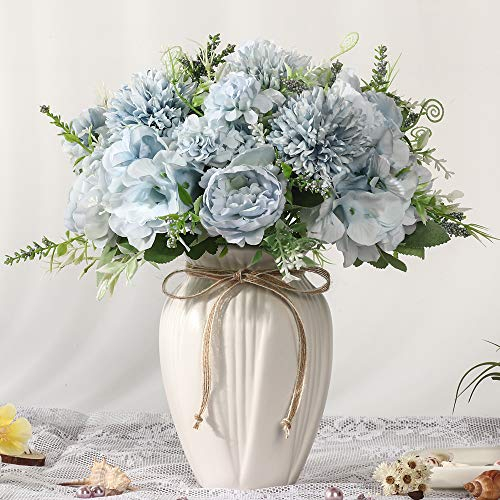 JARELING Künstliche Pfingstrosen in Vase, künstliche Hortensien, Seide, Blumenstrauß mit Vase, Kunstblumen, Arrangement, Dekoration, Zuhause, Tisch, Esszimmer (Blau)