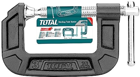 TOTAL - Abrazadera C de Hierro Fundido 125 mm | Tornillo Ajuste Resistente para Carpintería | Durabilidad Acero Maleable | Uso Profesional, Azul, 125 mm, Acero Maleable
