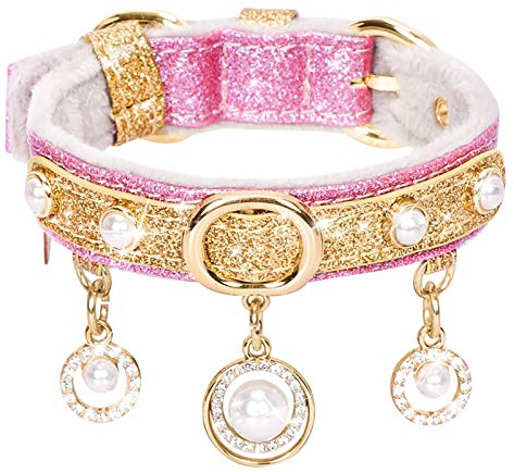 PetsHome Katzenhalsband, Hundehalsband, Bling PU Leder Verstellbares Haustier Halsband mit niedlichen Perlen und Luxus Anhänger für Katze und kleine Hunde, Extra Klein Rosa