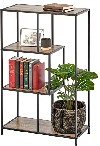 mDesign Bücherregal mit 4 Ebenen – kleines Bücherregal aus Metall und Holz – modernes Holzregal im Industriestil, ideal für Bücher, Dekoration und mehr – Schwarz/Grau