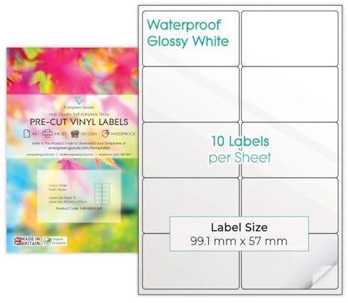 Evergreen Goods 10 Blatt A4 Vinyl (PVC) Mehrzweck-Etiketten Glänzend Weiß Vorgeschnittene Etiketten Selbstklebend | Wasserfeste Stickerpapier Für Tintenstrahl drucker | (2 X 5 (10 Pro Blatt)