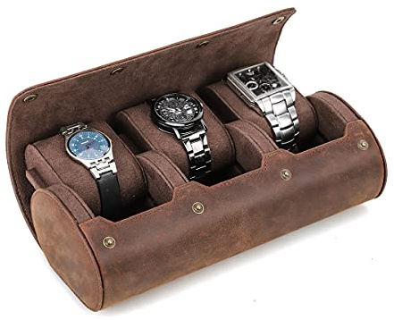 Hiram Leather Watch Roll Travel Case,Vintage Crazy Horse Leather 3-Slots Watch Box with Removable Velvet Pillows, Secure Metal Clasp, Perfect for Daily Display & Business Travel