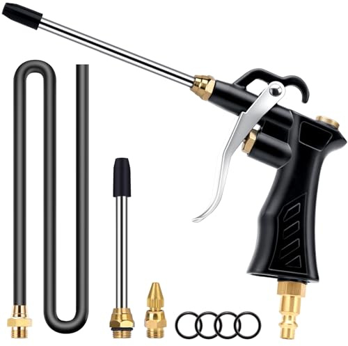 Air Blow Gun w/Brass Adjustable Nozzle, 2 Steel Extensions & Flow Hose
