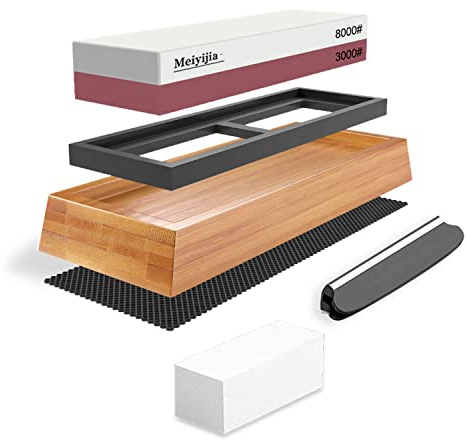 Meiyijia Pietra per Affilare 2-in-1, Affilacoltelli Professionale cote Combinazione - con Stand Silicone Antiscivolo (3000/8000 Grit/Set)