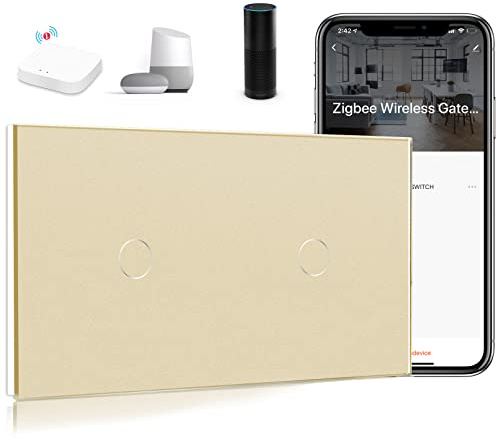 BSEED Interrupteur Tactile Zigbee, Interrupteur Connecté Alexa, Panneau en VERRE, Contrôle Vocal, Passerelle Zigbee Requise (non incluse), 1 Gang+1 Gang, Or