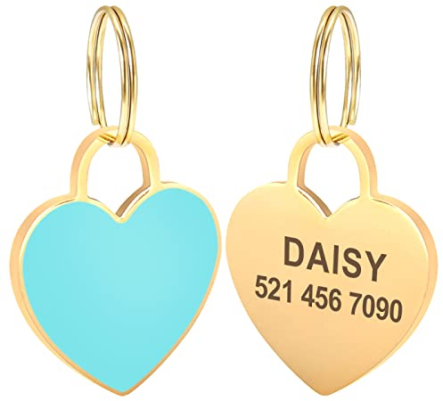 Custom Heart Dog ID Tag Engraved Small Medium Large Pet Nameplate Stainless Steel Personalized Fashion Gold Dog Tag Anti Lost,Blue,M