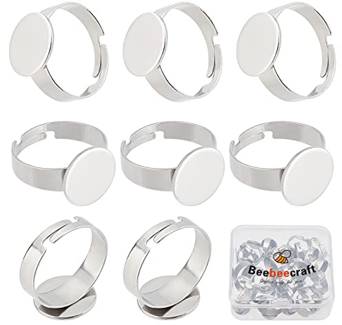 Beebeecraft 40 Stück/Box Edelstahl-Ringlünetten-Rohlinge, 6 mm Cabochon-Basis, Flache, Runde Pad-Ringbasis, Zubehör Für Die Ringherstellung (Silberfarbe)