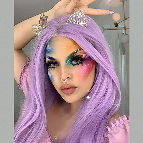 AFBeauty Peluca de cabello sintético lila con encaje frontal, color morado, largo y lacio, raya en el medio, para mujer, línea capilar natural, lavanda claro, 61 cm, atada a mano, peluca de encaje sin