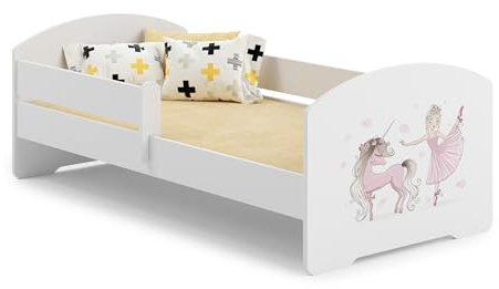 KOBI Cama infantil LUK Blanco | 140 x 70 cm | Cama infantil Camas infantiles | con colchón y marco | Habitación Bebe | Cama individual con barandilla