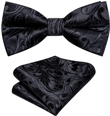 Hi-Tie Black Bow Tie for Boys Pre-Tied Silk Kids Bow Tie Adjustable Boys Bowties with Pocket Square Set for Wedding
