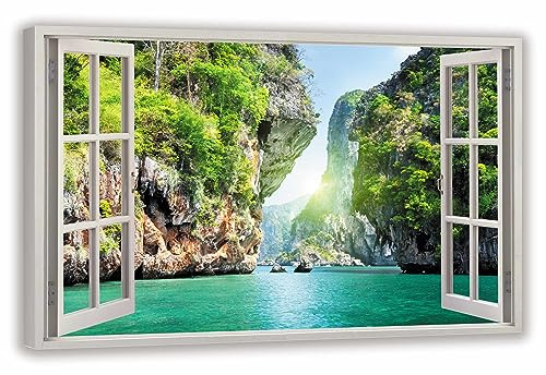 HUBDECO Leinwandbild Fensterblick Exotisches Thailand Bild 120x80 cm - Landschaftsbilder auf Leinwand - Wandbilder Wohnzimmer - Bild Fenster mit Ausblick - Aesthetic Room Decor - Wanddeko Schlafzimmer