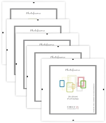 CHELY INTERMARKET MOD300 Marco Portafoto Clip Metacrilato Sin Borde Moderno 20x20cm Montaje Vertical Horizontal Decoración Posters Carteles Oficinas Galerías Color Transparente Incluye 5 Unidades