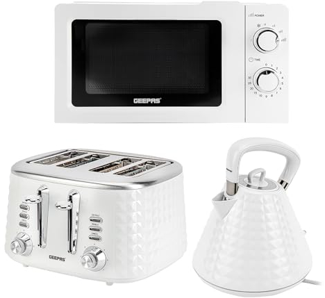 Geepas Electric Kettle 4 Slice Bread Toaster & Microwave Kitchen Set | 3000W 1.5L Traditional Pyramid Kettle | 1750W Toaster with 7 Level Browning Control | 700W Solo Manual Dial Microwave 20L | White