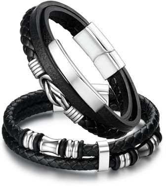 Dochais 2 Stücke Lederarmband Herren Schwarz, 21cm Männer Leder Armbänder Personalisierte Geschenke Armband Mann Schmuck Herrenarmband für Ihn Ehemann Freund Papa Partner Mann Geburtstags Weihnachten