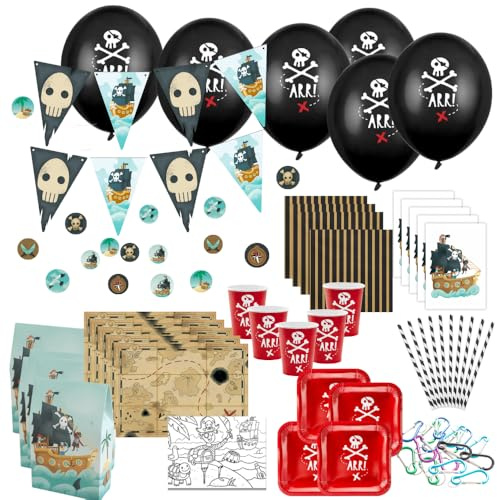 Piraten Geburtstag Partyset für Kinder – Komplettset mit Einladungen, Mitgebsel, Tisch- & Raumdeko – Kindergeburtstag Deko im Piraten-Design – Plastikfrei & in der EU produziert – aus Deutschland