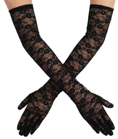 DIVINA VITAE Black Lace Gloves for Women, Women's Elegant Tea Party Opera Long Lace Gloves Mittens for Bridal Wedding Dress Cocktail Costume Floral Pattern Arm Elbow Length