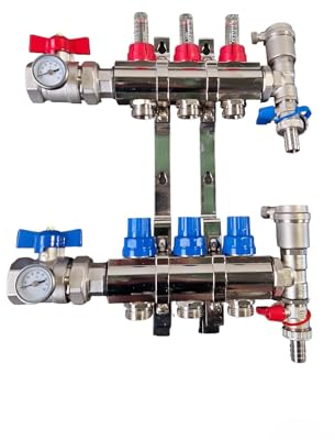 Premium Heizkreisverteiler 3 Heizkreise Kugelhahn Schnellentlüfter Messing Vernickelt Schallgedämmt Fußbodenheizung Thermometer