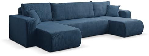 VENASI MÖBEL Wohnlandschaft mit Schlaffunktion Luna U, Blau Cordstoff | Sofa mit Bettkasten, Schlaffläche 125 × 268 cm, inkl. Kissen & Aufbauanleitung