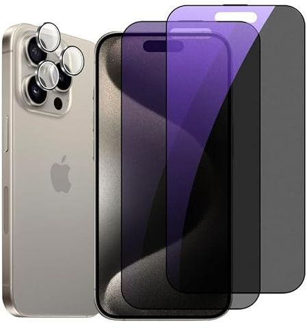 chejuza Opaca Privacy Pellicola Protettiva per Apple iphone 15 pro max e Pellicola Fotocamera[2+1 Pezzi],Durezza 9H,Anti-Blue Light，Anti Spy in Vetro Temperato,HD Protezione Schermo Protezione