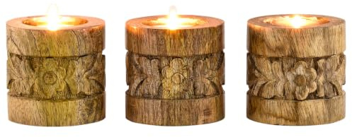 3er Set Boho Holz-Kerzenleuchter Luja aus Mangoholz in Braun 7,5 cm