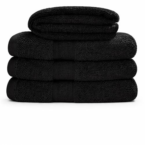 Myooka Badetuch Duschtücher Handtücher Saunahandtuch-Set Badehandtücher 100% Frottee Baumwolle 500g / m² | 50x100 cm oder 70x140 cm Grau, Schwarz, Lila oder Weiß (4er Set Schwarz, 50x100 cm)