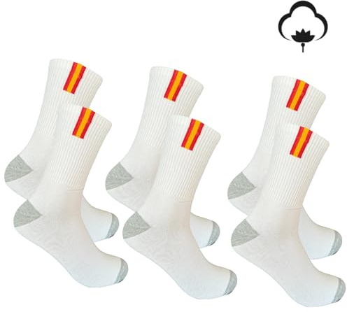 NAGAD 3 Pares de calcetines deporte blancos con bandera España- Calcetin algodon blanco deporte- Calcetines para tenis, ciclismo, futbol, padel...