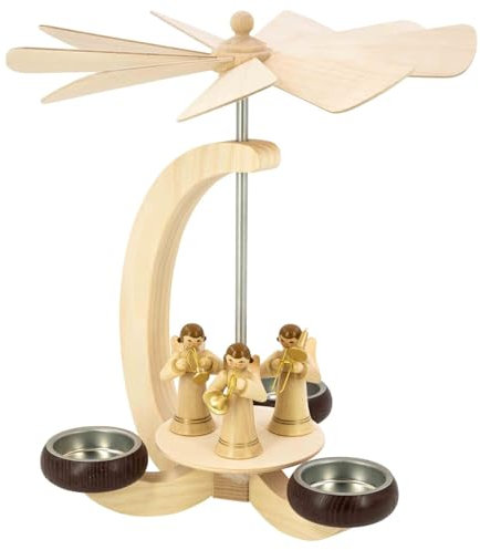 Seiffener Volkskunst | Erzgebirgische Weihnachtspyramide im eleganten Bogendesign in Naturtönen | 23 cm | Handgefertigte Pyramide Erzgebirgspyramide | Engel Natur mit Instrumenten