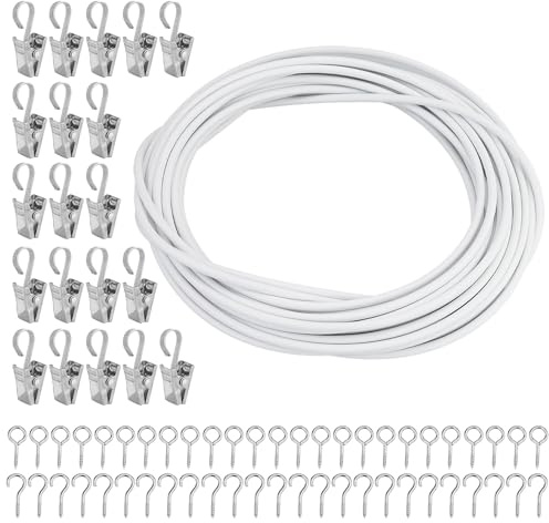 10M Vorhangdraht Weiß Gardinendraht, Curtain Wire Gardinenschnur, Kunststoffbeschichteter Gardinenseil Vorhangseile mit 25 Paar Schraubenösen und Haken, für Gardinenstangen Vorhänge Duschvorhänge