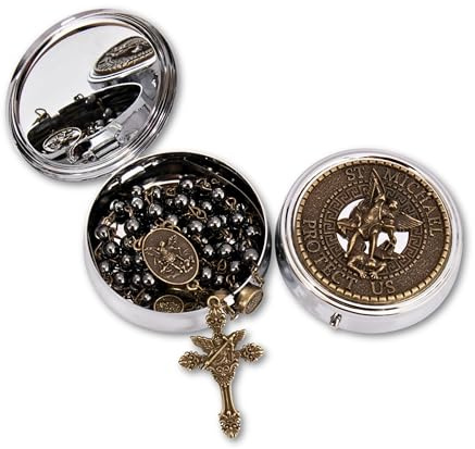 Nazareth Store Rosario di San Michele Collana di perline di pietra ematite Perline di gloria in metallo Medaglia dell'Arcangelo e croce con scatola regalo in metallo (Bronze | St.Michael Cross)