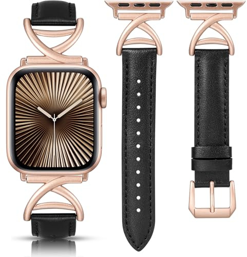 TOYOUTHS Leather Straps Compatible with Apple Watch Strap 38/40/41/42mm Women, Slim Dressy Soft Leather Bracelet with A-Shape Metal Buckle for iWatch 11 10 9 8 7 6 5 4 SE 3 2 1, Black/Rose Pink