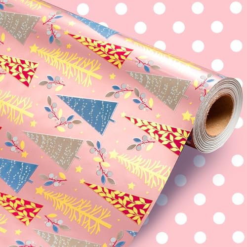 Wikadlik Reversibles Weihnachts-Geschenkpapier - Mini-Rolle - Romantisches Rosa Weihnachtsbaum- und Punkte-Geschenkpapier für Winter-Festtagsparty - 43cm x 10m