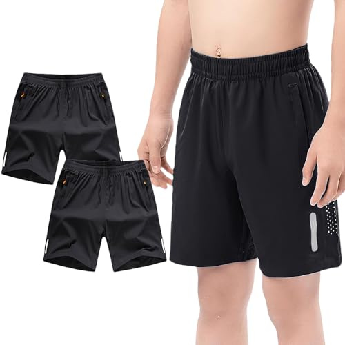 Jamron Pojkar set med 2 snabbtorkande sportshorts löparshorts med fickor och reflekterande band för 4–13 år, Svart + svart, 12-13 ans