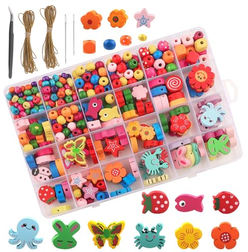 550 Stück Handwerk Bunte Holzperlen Zum Auffädeln DIY Perlen Schmuck Set | Kinder Holzperlen mit Loch zum Auffädeln Bastelperlen für Armbänder Schnurset Halsketten Geschenk für Mädchen