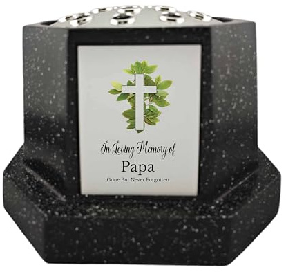 In Loving Memory Of Memorial Octagon Rose Bowl Grave Marker Flower Pot Vase With Cross Design Mum Dad & Lots More Black/Silver (UV PRINTED) (Papa)