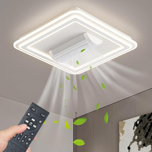 Bladeless Ceiling Fan with LED Light and Remote Control, 6 Speed Stepless Dimming, Timer Function, Flush Mount Design for Kids Room, Bedroom & Home Office
