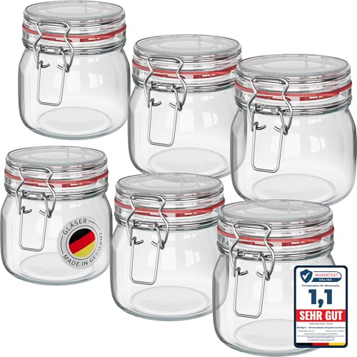 WELLGRO 6 x konserveringsburkar med strykförslutning 634 ml, fermenteringsglas, förvaringsburkar med lock – glas med lock tillverkade i Tyskland