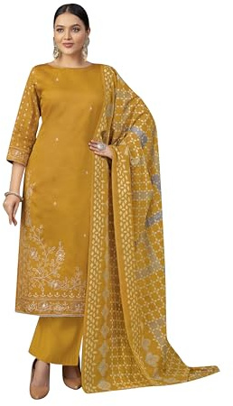 Ladyline Ensemble de Salwar Kameez en coton pour femme – Kurta imprimé avec broderie, pantalon Palazzo & dupatta en lawn, doré, 52 Plus
